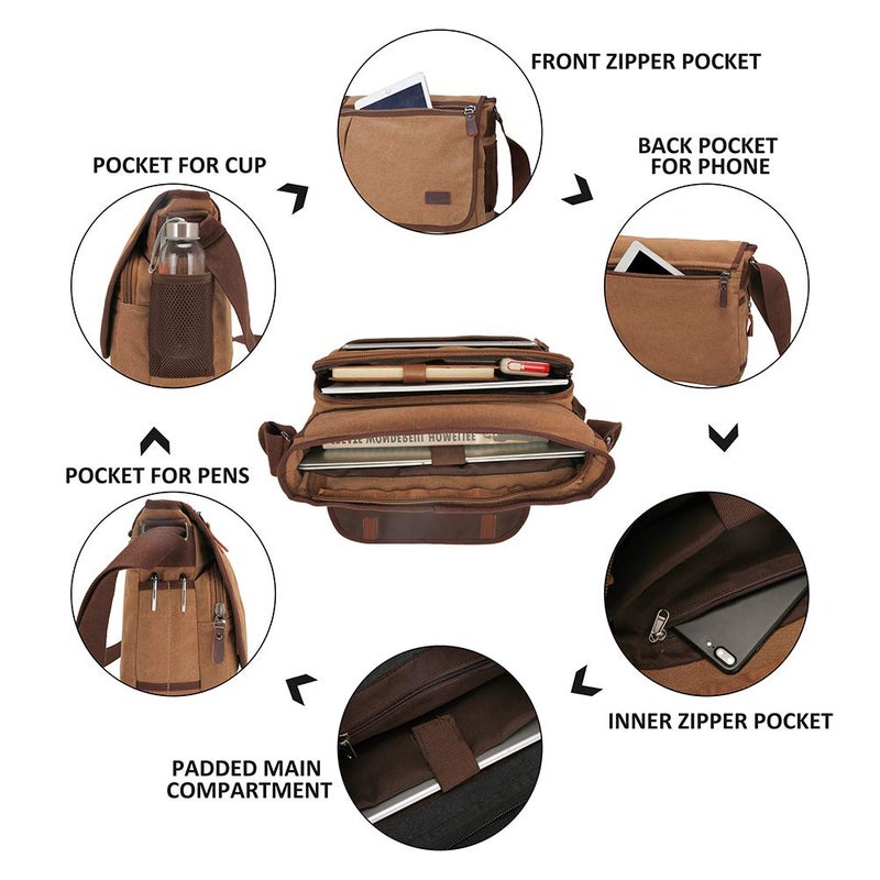 Modoker حقيبة مودوكر للرسائل للرجال، حقائب ساتشيل لابتوب 13 بوصة، حقيبة كتف قماش مع جيب زجاجة، بني - Image 4